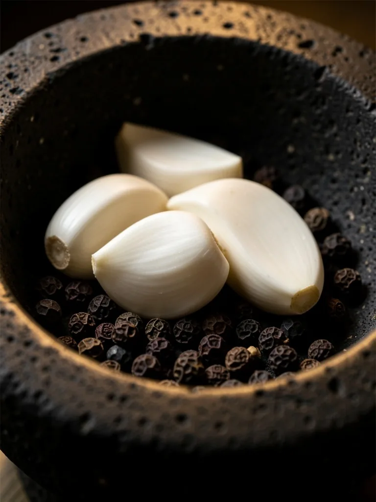 Bawang putih dan lada hitam di atas cobek batu
