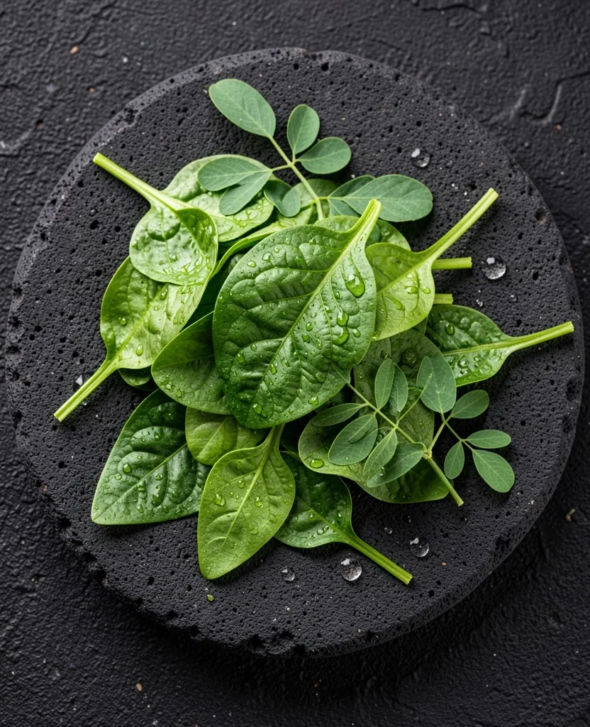 Bayam dan daun kelor segar di atas batu gelap