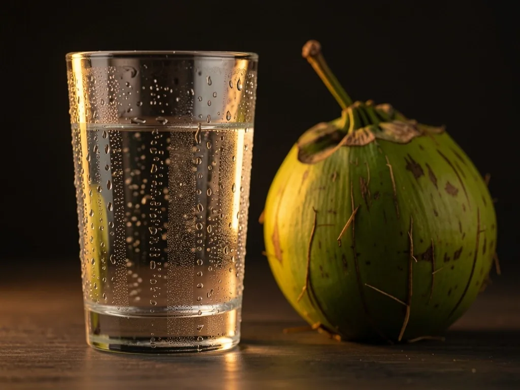 Gelas air dan kelapa segar di atas meja kayu gelap