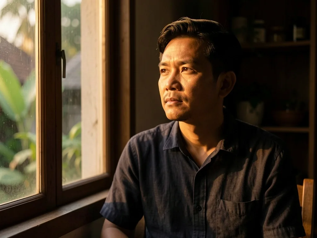 Pria dewasa Indonesia dalam kontemplasi pagi