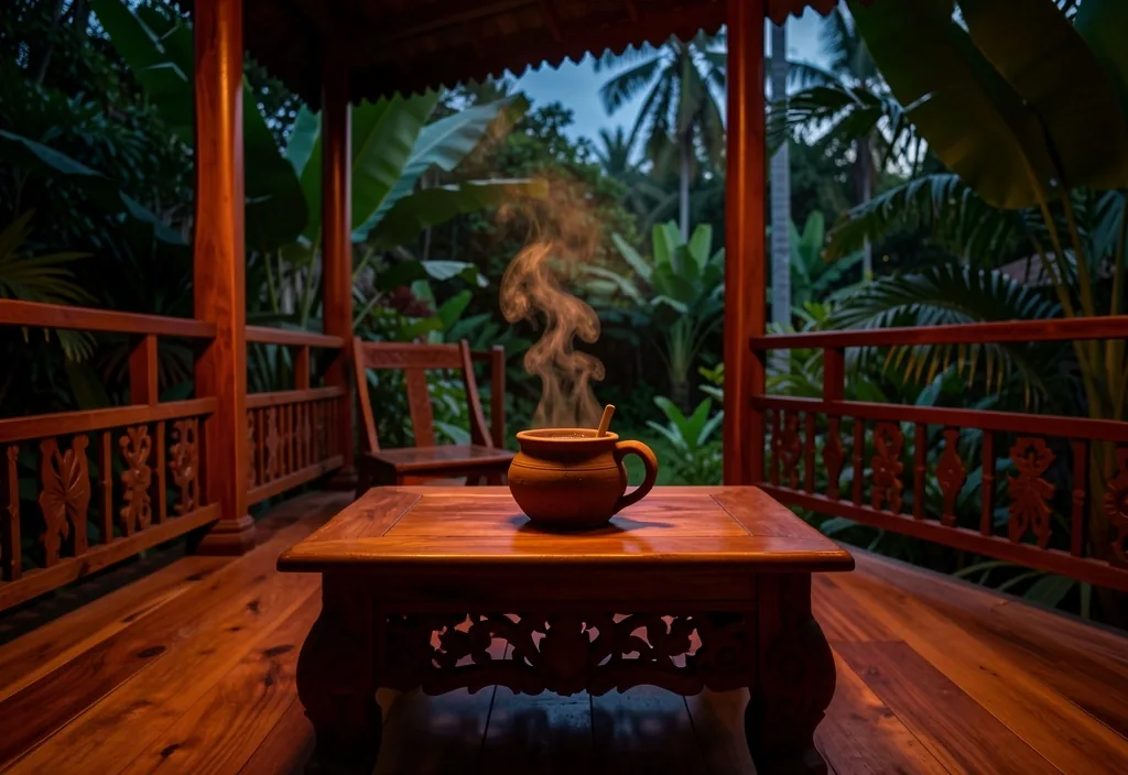 Teras kayu jati dengan teh herbal di senja hari