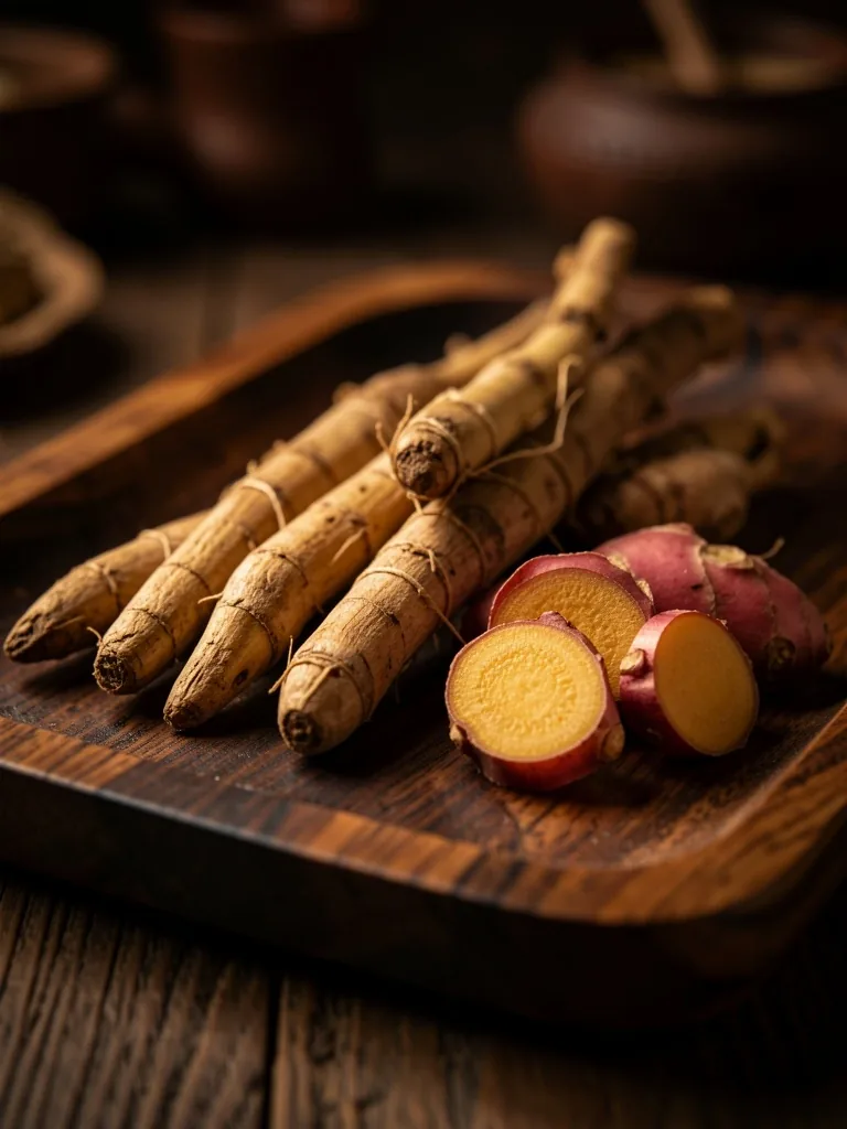 Akar tanaman herbal tradisional Nusantara di atas kayu jati gelap