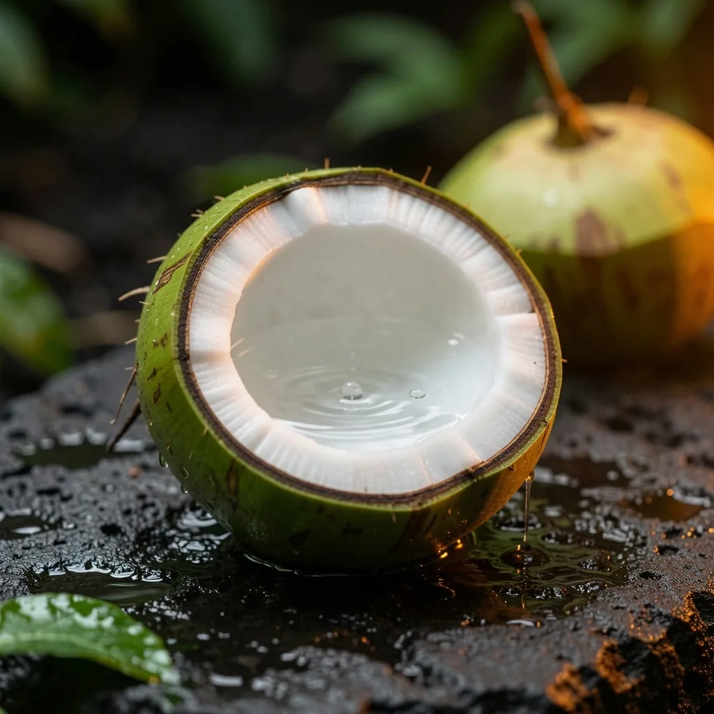 Kelapa hijau segar dibelah di atas batu basah