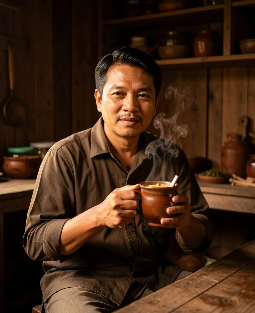 Pria Indonesia usia 40-an memegang cangkir jamu tradisional
